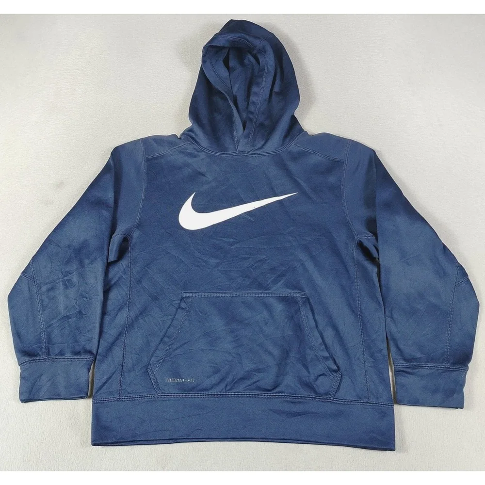 Nike Hoodie Sweatshirt Youth Large Blue Therma-FIT Pullover Swoosh Logo Fleece